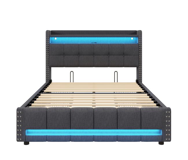 Cama estofada 160*200 - com iluminação led, porta usb, cabeceira com prateleiras e arrumação, 4 gavetas - cinza