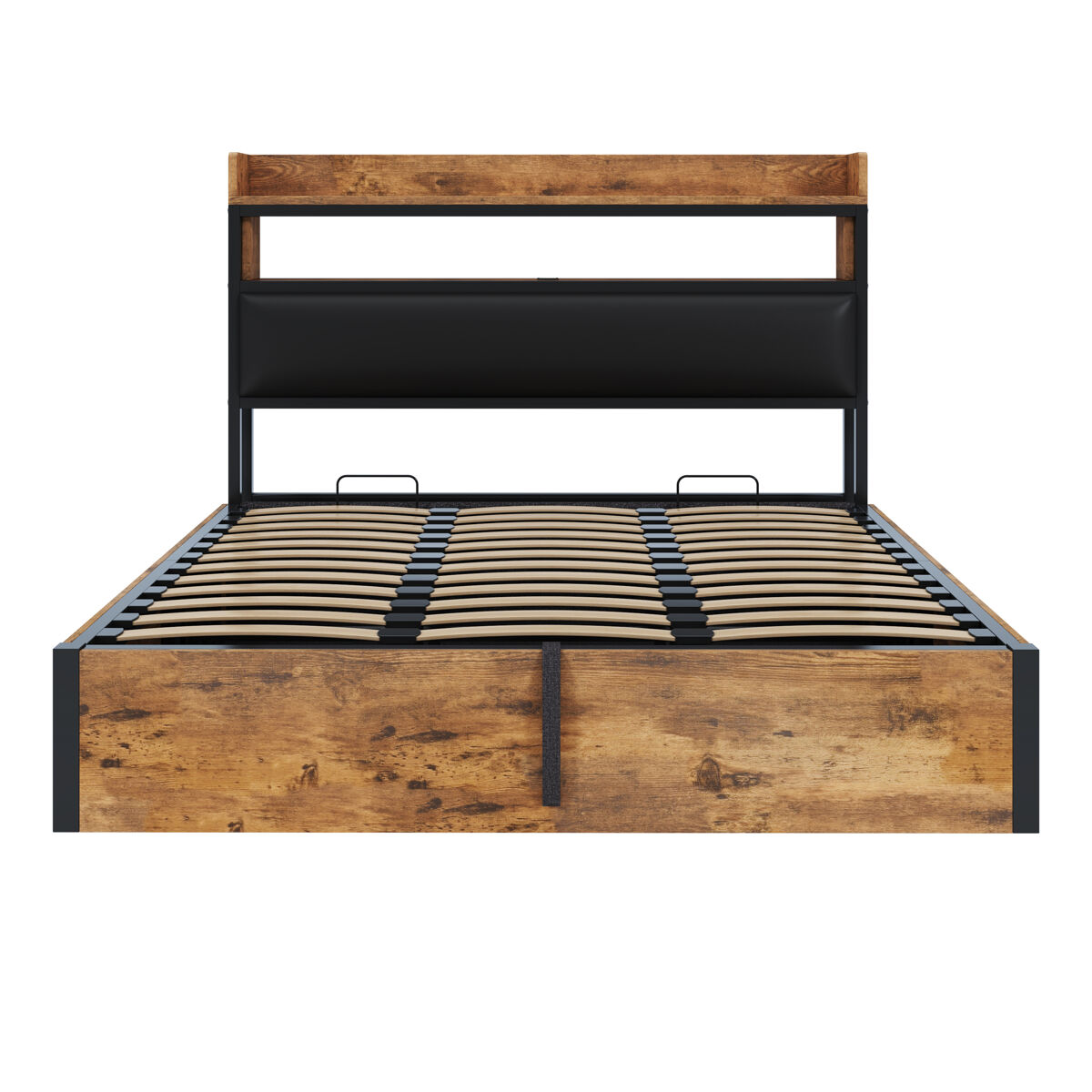 Cama 180x200 - com elevação hidráulica, usb, cabeceira acolchoada, design vintage em madeira e metal, com arrumação oculta - preta