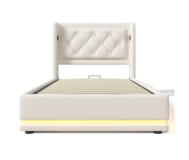 Cama estofada 90*200 cm - material pu, cama hidráulica com arrumação, cabeceira acolchoada com carregador usb tipo-c, função led em 3 lados - branco