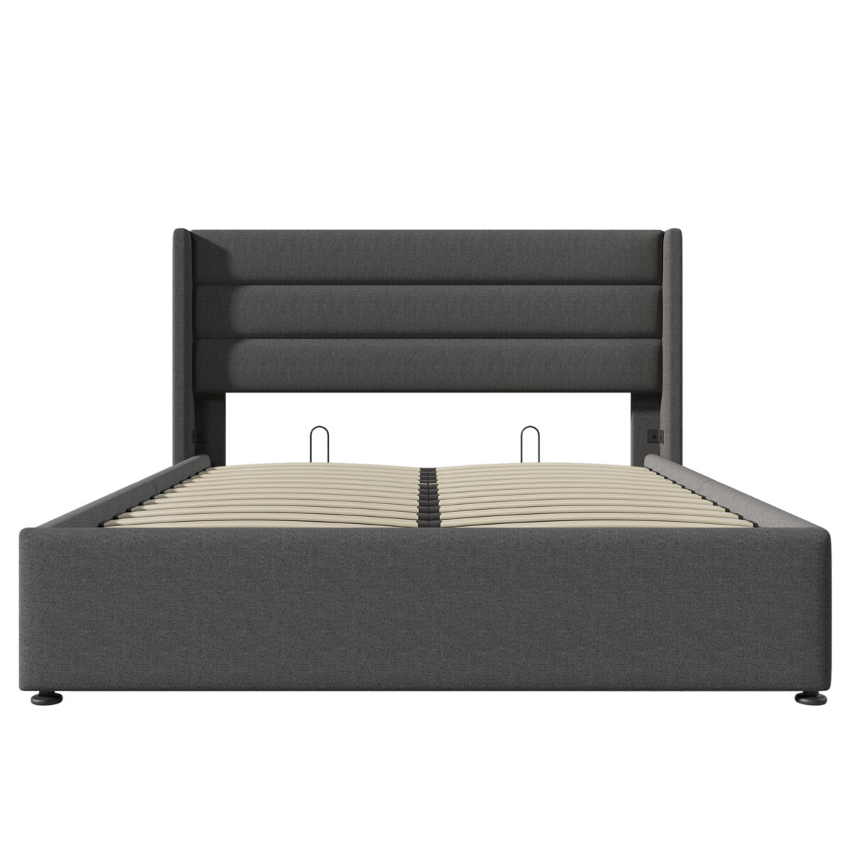 Cama de casal hidráulica 140x200 - estofada, com colchão e estrado de madeira e metal - cinza