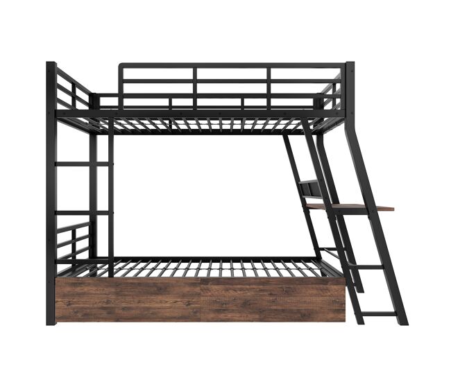 Cama alta 90x200 cm - estrutura em ferro, barra led, gavetas, grade, escada, secretária - preto