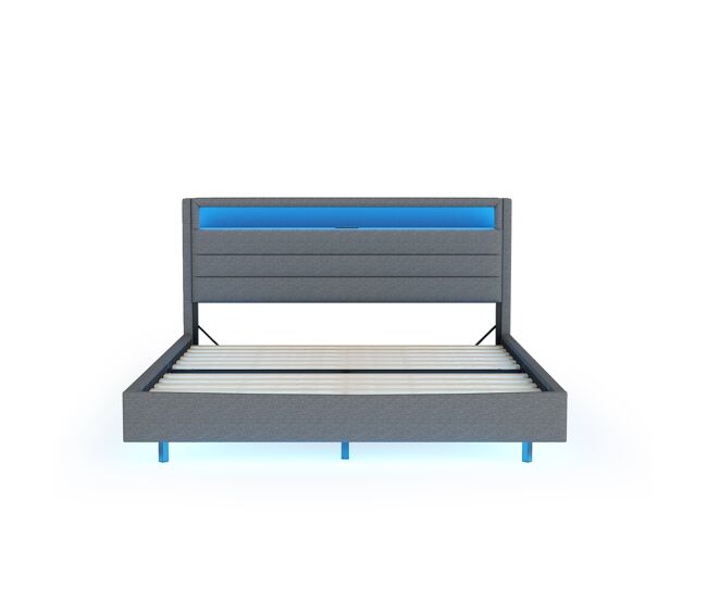 Cama estofada 140x200 cm - com tomada usb e luz led, cabeceira reversível, pé oculto, cama de casal, cama juvenil, cama para adultos - cinza