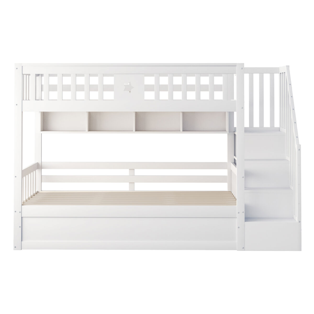 Cama alta 90x200 cm - cama juvenil, escadas com arrumação, prateleiras, cama loft, hidráulica - branco