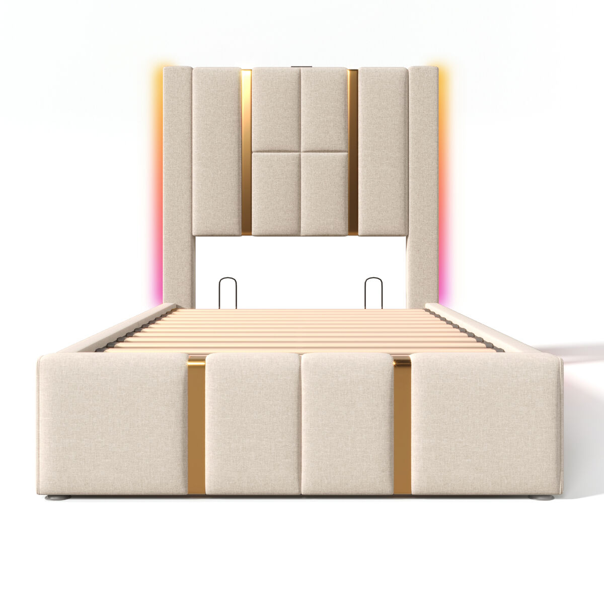 Cama estofada 90x200 - cama com arrumação, função de carregamento usb tipo c, controlo por app, led - bege