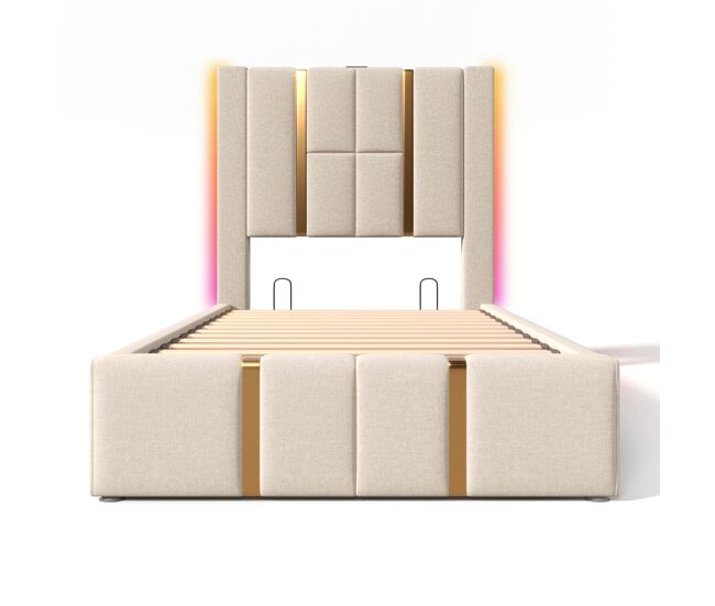 Cama estofada 90x200 - cama com arrumação, função de carregamento usb tipo c, controlo por app, led - bege