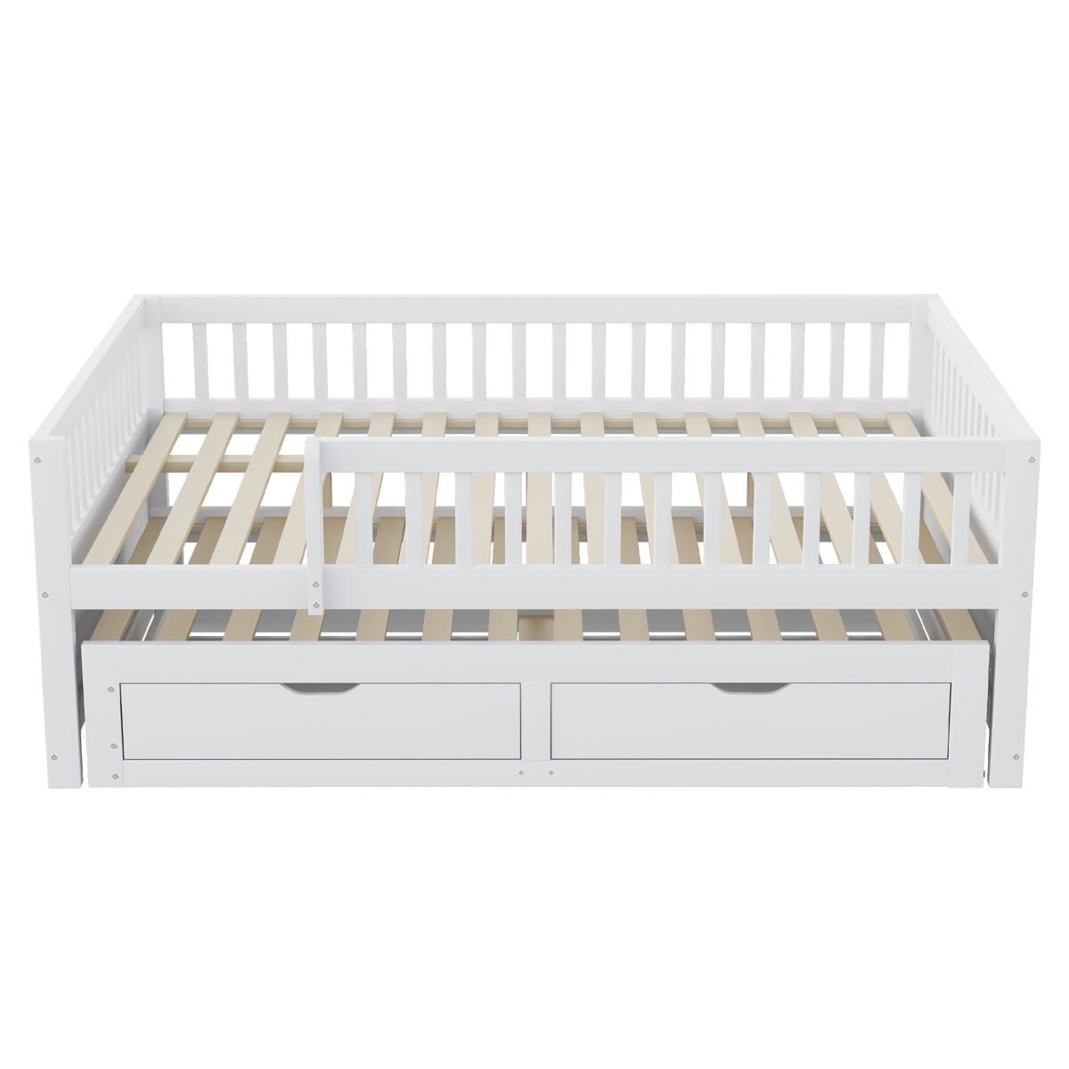 Sofá-cama em madeira maciça 140 x 200 cm - grade de segurança completa, cama extensível com 2 gavetas e estrado - branco