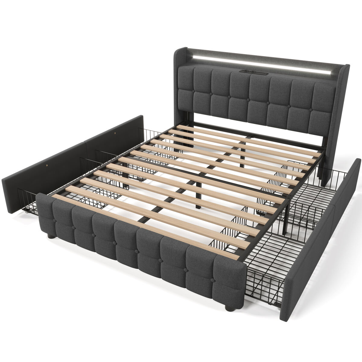 Cama estofada 140x200 cm - com carregador usb, cabeceira com iluminação led e 4 gavetas - cinza