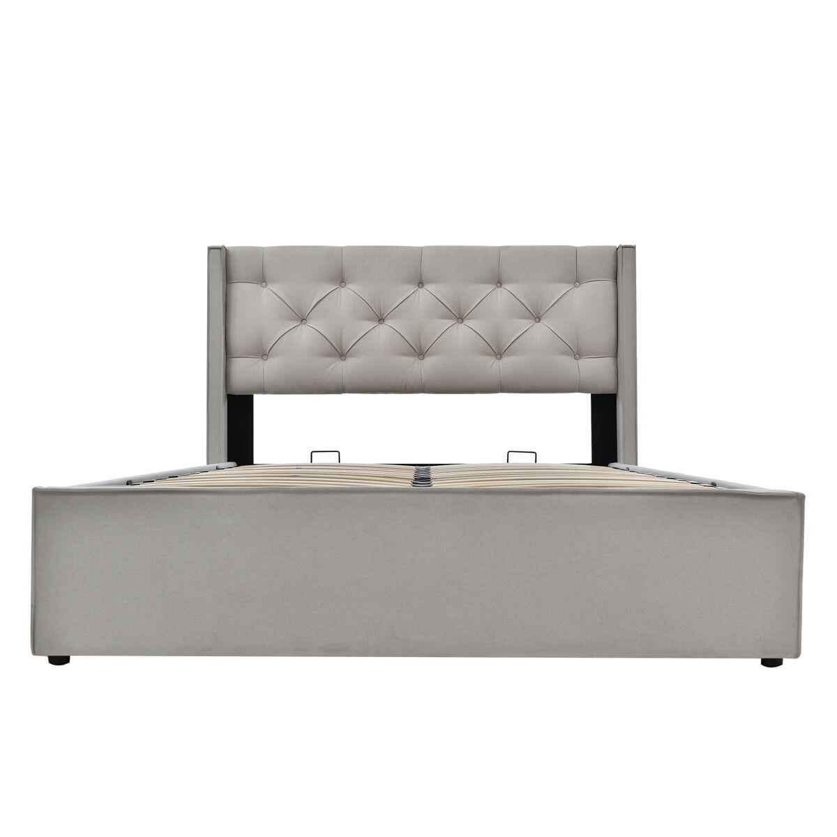 Cama de casal hidráulica 140x200 - com estrado de metal e arrumação - cinza claro