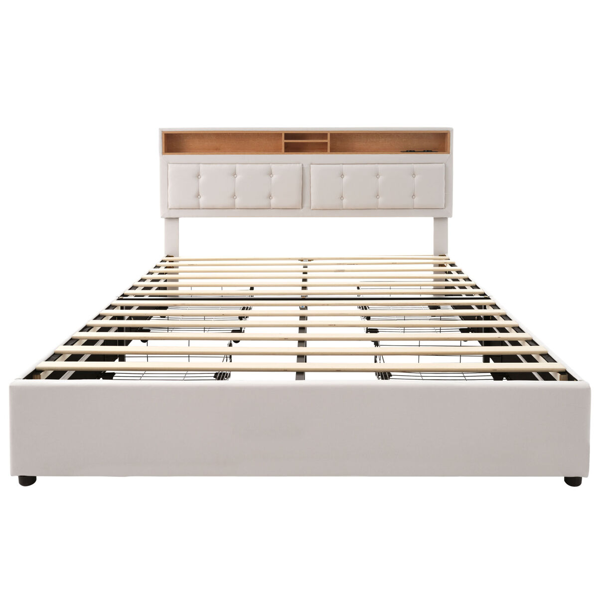 Cama estofada 140x200cm - com 4 gavetas, tomada usb c, cabeceira ajustável, estrado de madeira (com colchão) - bege