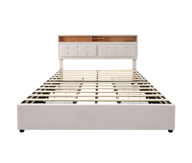 Cama estofada 140x200cm - com 4 gavetas, tomada usb c, cabeceira ajustável, estrado de madeira (com colchão) - bege