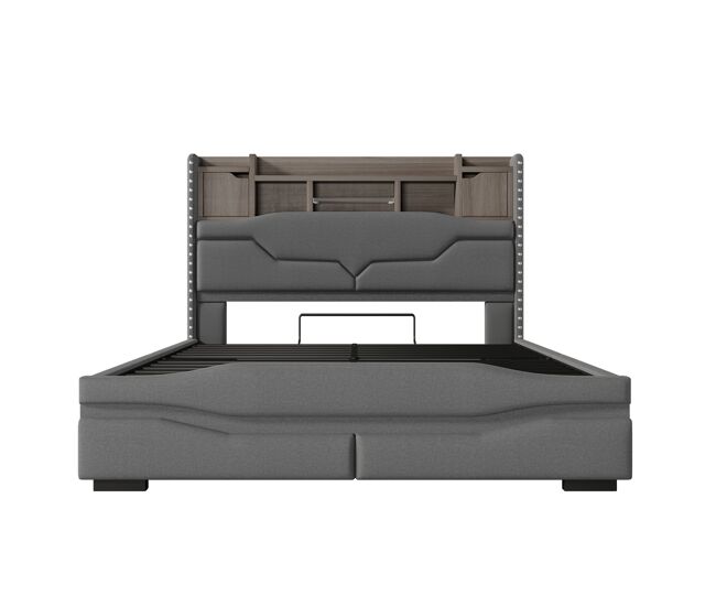 Cama com armazenamento hidráulico 140x200cm - com usb, tomada, luz ambiente led e cabeceira com armazenamento - cinza