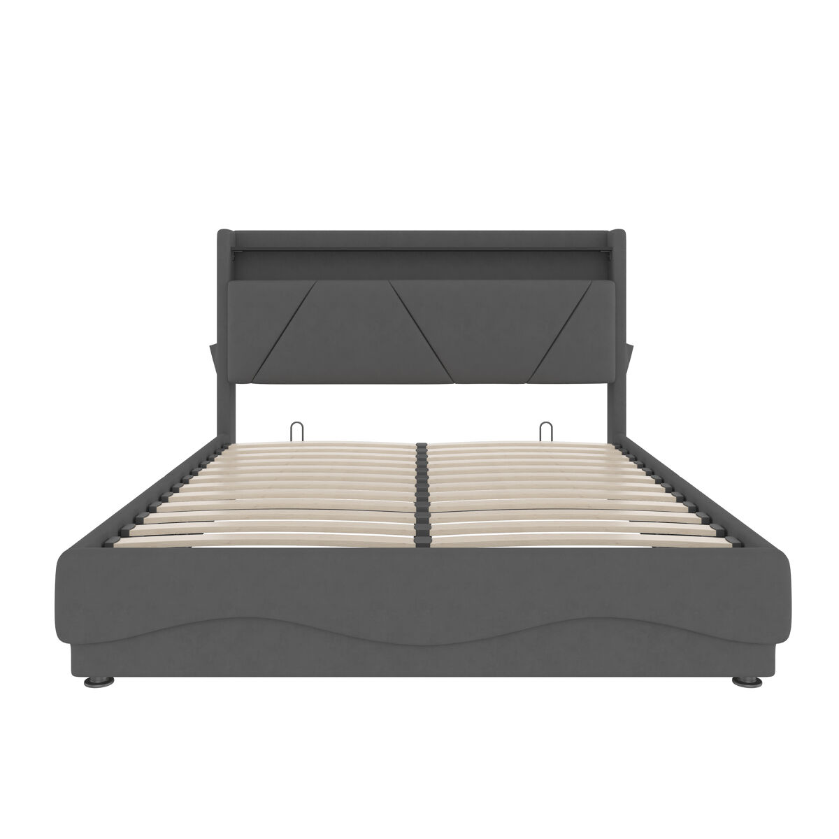 Cama estofada 140x200 cm - cabeceira com led e superfícies de arrumação, sistema de base de gás, portas usb certificadas, bolsos laterais - cinza