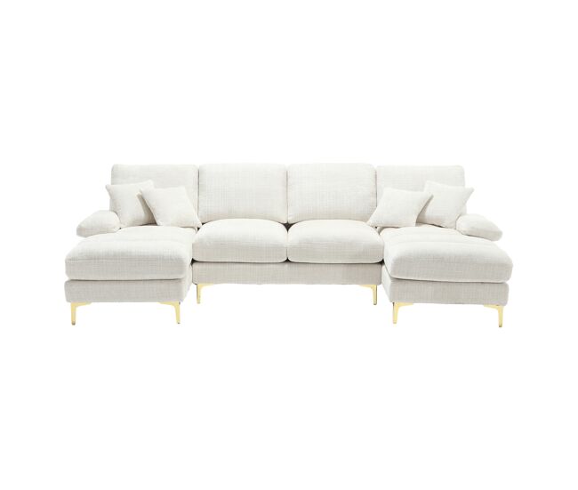 Sofá seccional grande em u - chenille com chaise longue dupla - bege