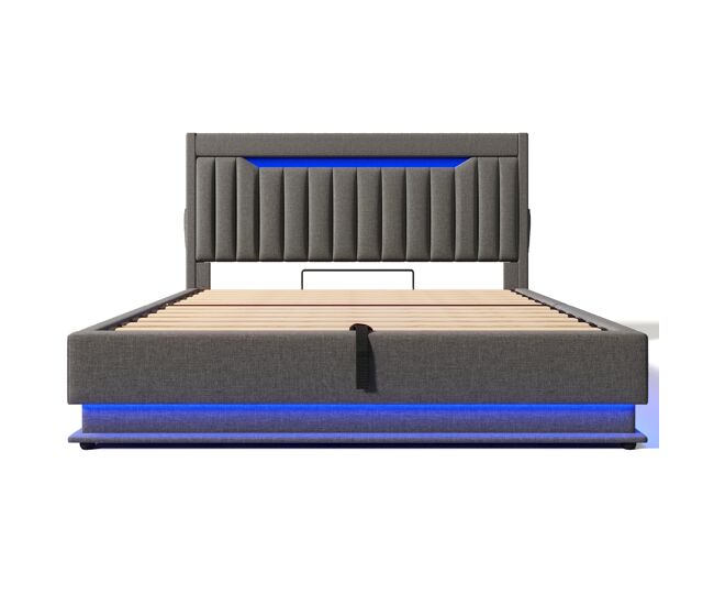 Cama estofada 140x200 cm - cabeceira com arrumação, portas usb e tipo-c, iluminação led, arrumação hidráulica - cinza