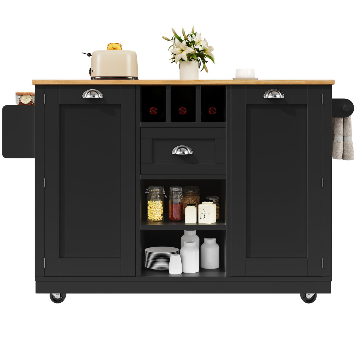 Ilha de cozinha - mesa de jantar com superfície de trabalho, prateleira para vinhos, com rodas - preto