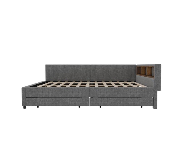 Cama de 140x200 cm - cama convertível, armazenamento com 2 gavetas, luz led ambiente, usb+tipo c, com estrado - cinza