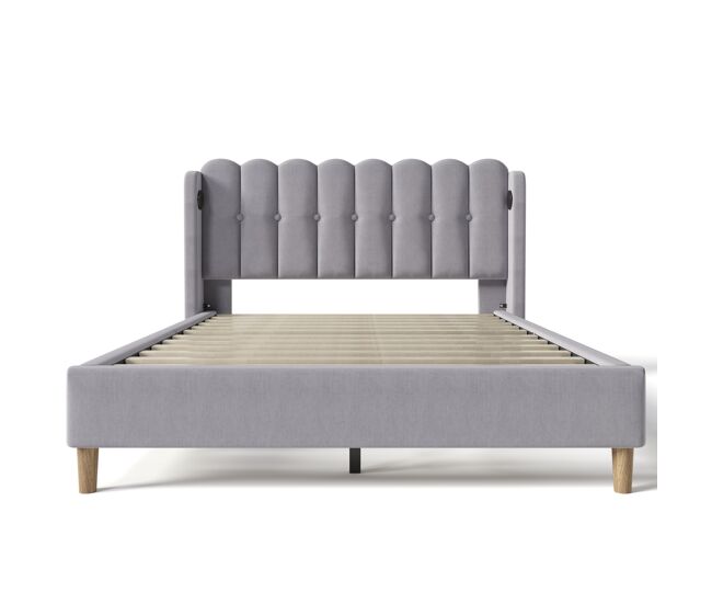 Cama de casal 160x200 cm - com usb tipo c, cabeceira ajustável, estrutura de madeira, cinzenta