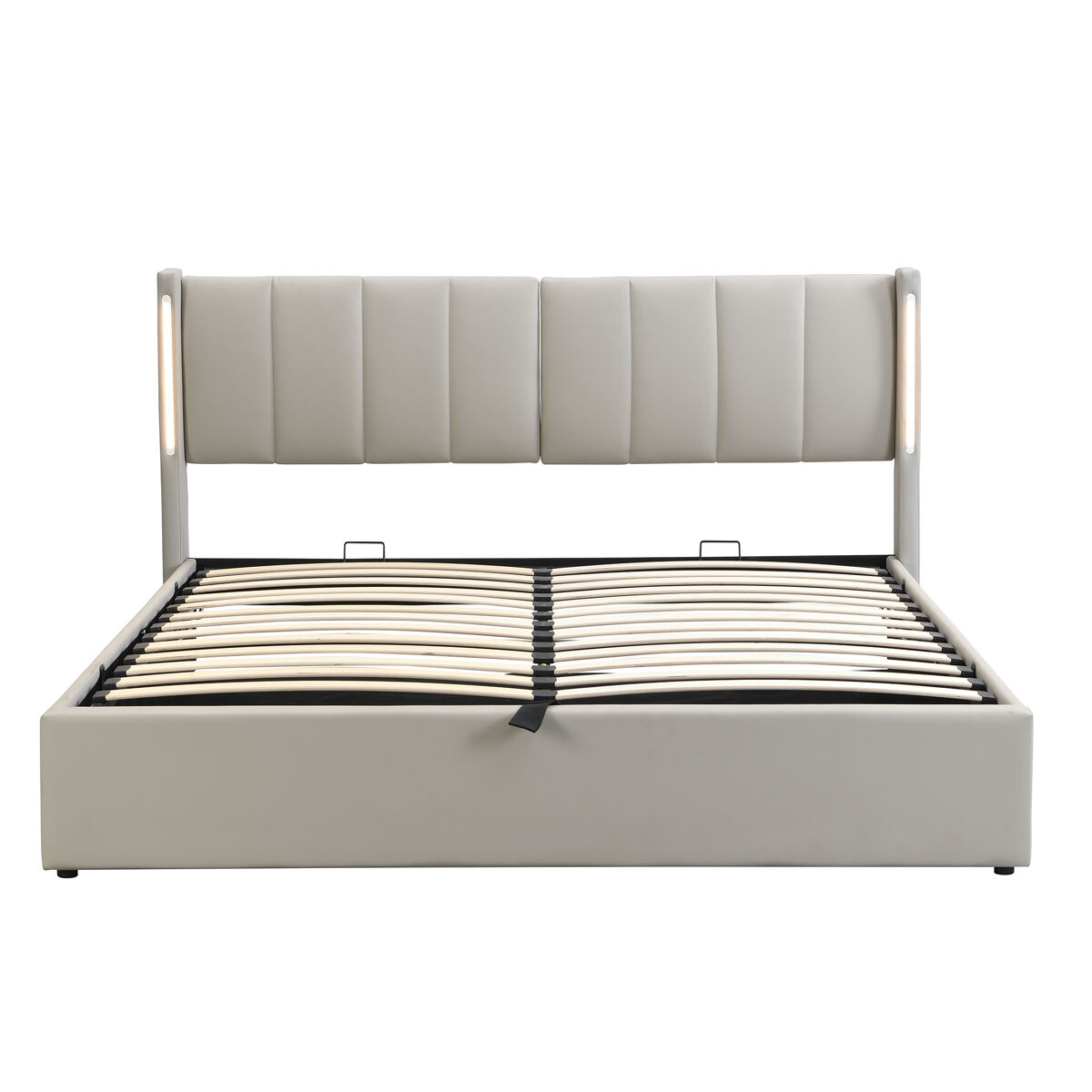 Cama estofada led 140x190 cm - hidráulica, porta usb, arrumação, cabeceira ajustável - cinzenta