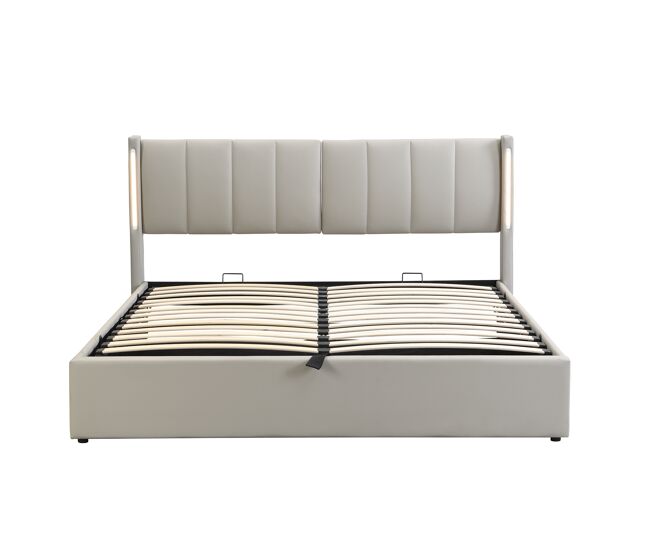 Cama estofada led 140x190 cm - hidráulica, porta usb, arrumação, cabeceira ajustável - cinzenta