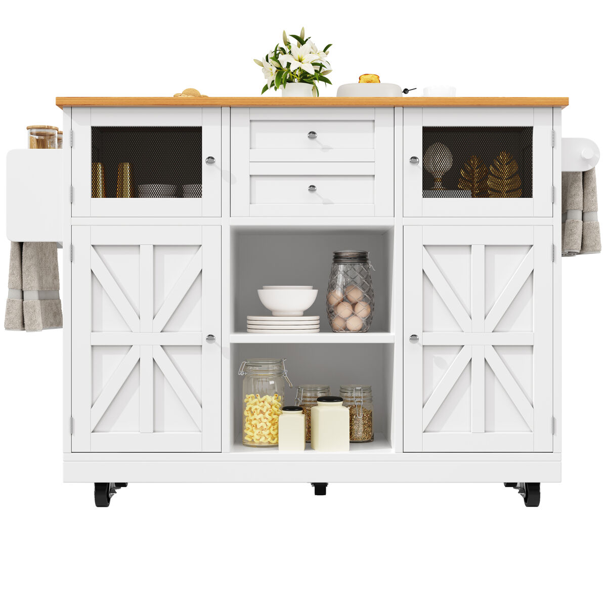Ilha de cozinha  - com superfície de trabalho, armário buffet, portas tridimensionais, com étagères ajustáveis, blanc