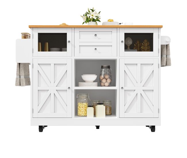 Ilha de cozinha - com superfície de trabalho, armário buffet, portas tridimensionais, com étagères ajustáveis, blanc