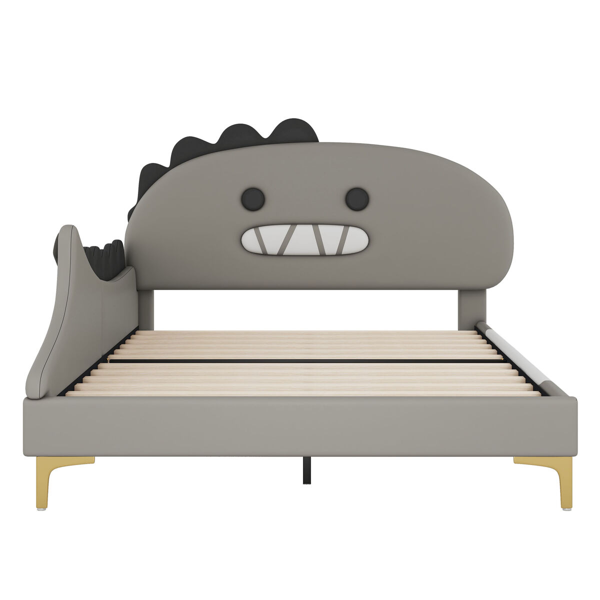Cama infantil 140x200cm - formato dinossauro, cama baixa, material pu - cinza