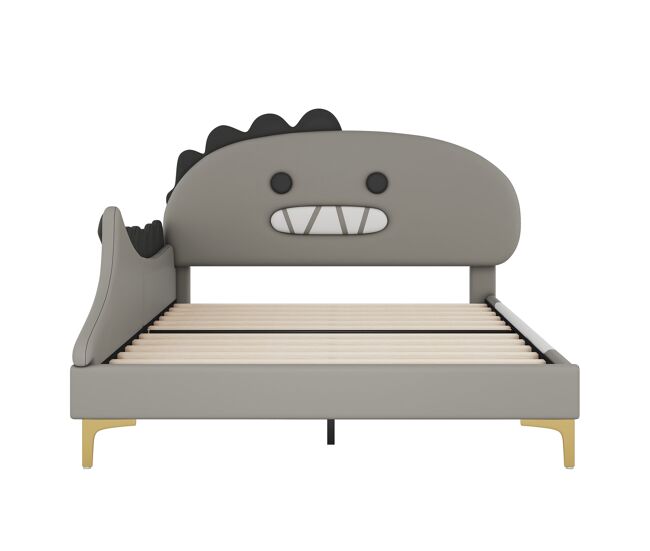 Cama infantil 140x200cm - formato dinossauro, cama baixa, material pu - cinza