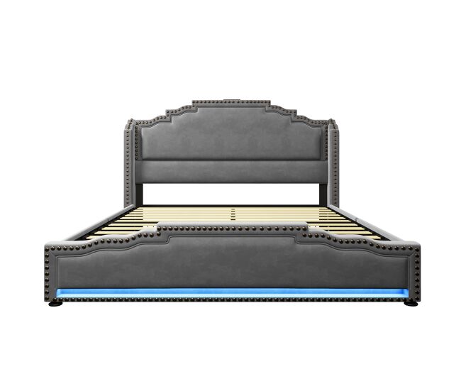 Cama de casal estofada 140x200 cm - com 4 gavetas, iluminação led, porta de carregamento usb-c e estrado - veludo cinzento - sem colchão