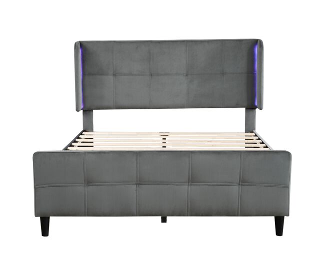 Cama estofada 140x200 cm - cama de casal com led de 16 cores, cabeceira e pés acolchoados, estrutura metálica, cabeceira ajustável em três alturas -