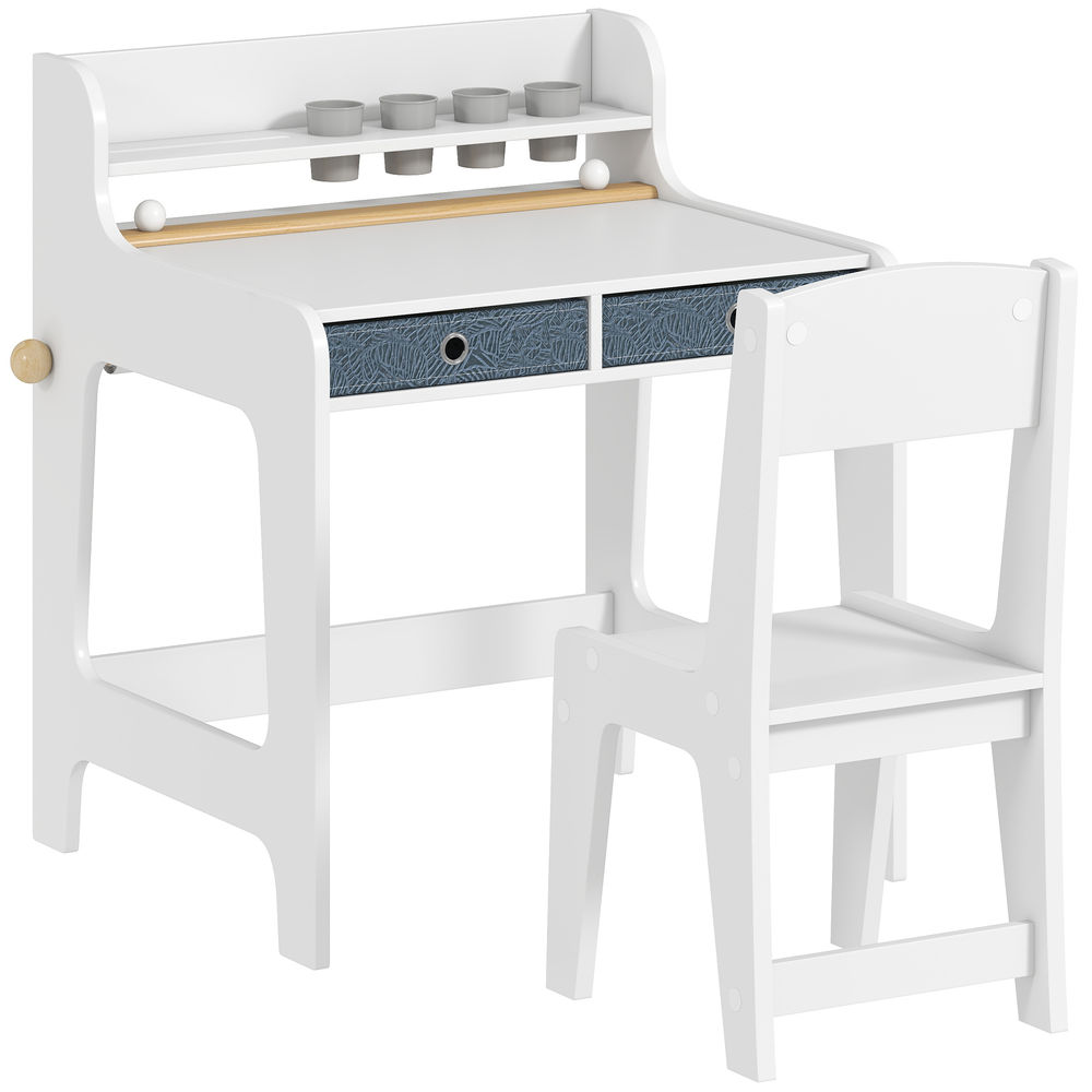 Aiyaplay secretária infantil com cadeira secretária para enfants com 2 gavetas extraíveis étagère e porta-copos para estudar ler e desenhar mesa para enfants para quarto sala de estudo blanc