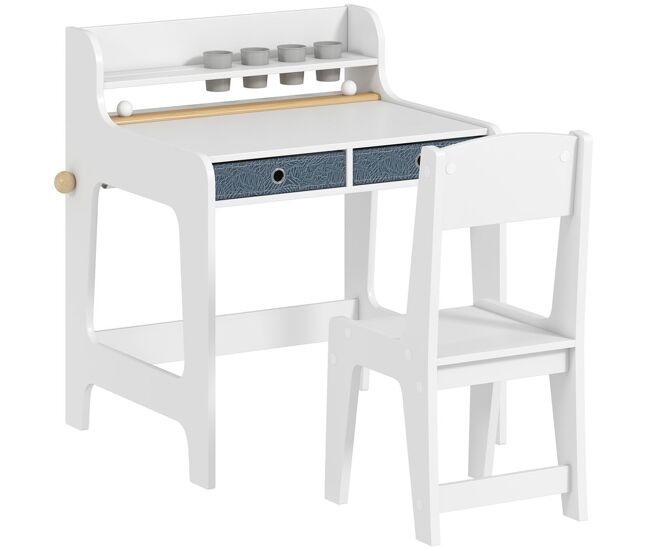 Aiyaplay secretária infantil com cadeira secretária para enfants com 2 gavetas extraíveis étagère e porta-copos para estudar ler e desenhar mesa para enfants para quarto sala de estudo blanc