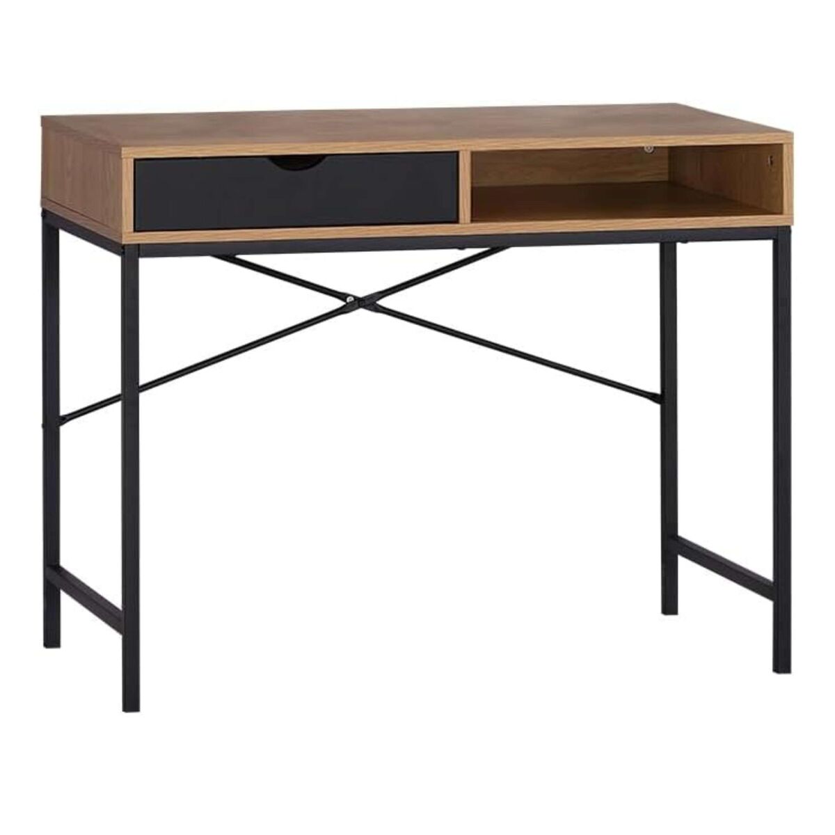 Mesa de escritório industrial com gaveta e vazada em carvalho cambriano e preto 95x76,3x48 cm