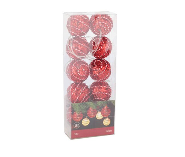 10 luzes de natal led com bolas decorativas em vermelho e branco
