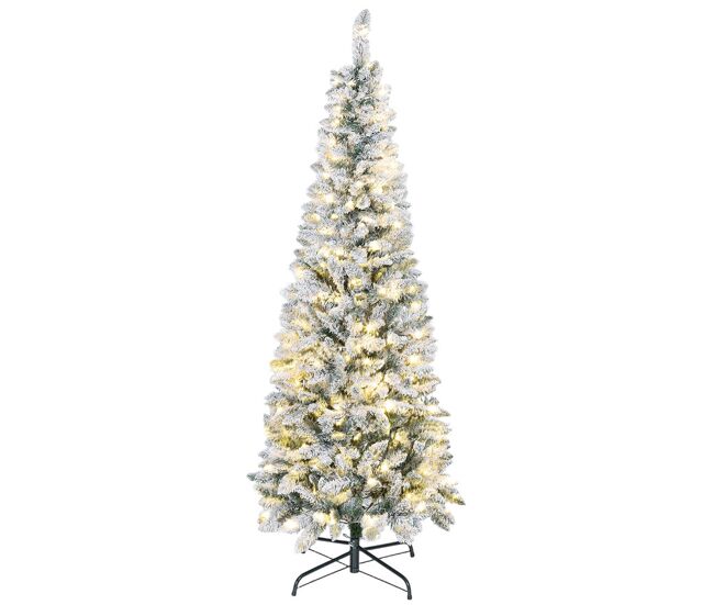 Homcom árvore de natal estreita 180 cm árvore de natal nevada com luzes led bicolores 11 modos de iluminação 479 ramos suporte metálico montagem fácil