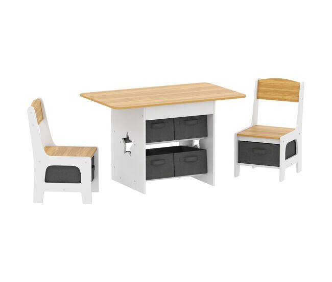 Aiyaplay mesa infantil com 2 cadeiras mesa e cadeiras para enfants com 6 gavetas de tecido desenho estrelas para meninos e meninas de 3-8 anos para casa escola infantil salas de aula madeira e blanc