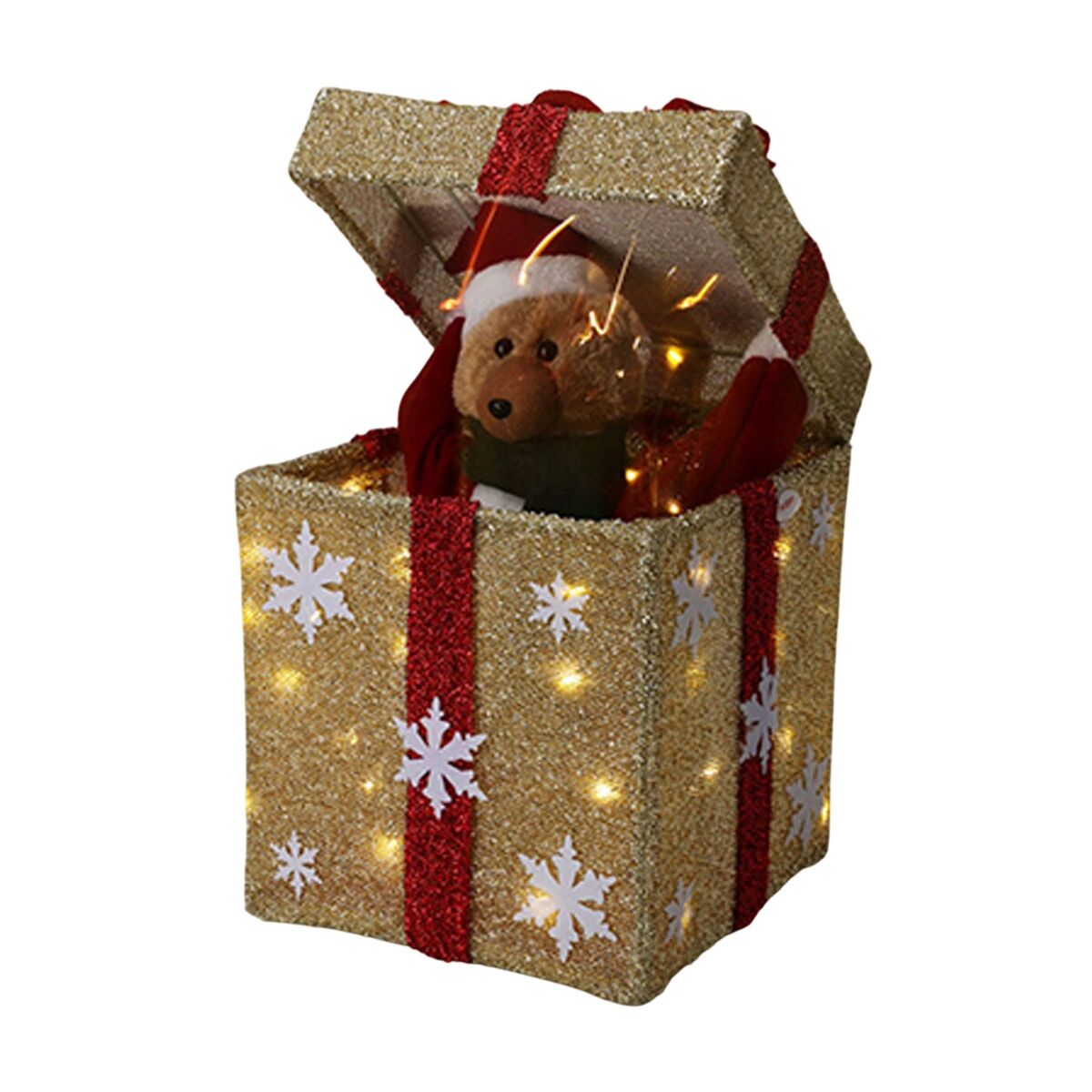 Caixa de presente decorativa de natal dourada com música e 50 leds quentes 50x25x25cm