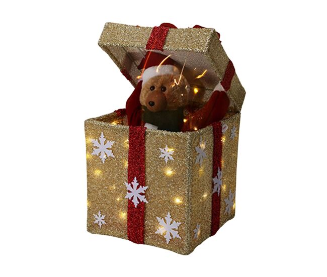 Caixa de presente decorativa de natal dourada com música e 50 leds quentes 50x25x25cm