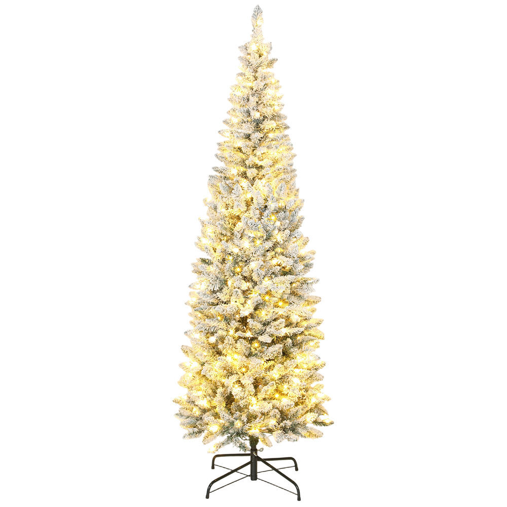 Homcom árvore de natal estreita 210 cm árvore de natal nevada com luzes led bicolores 11 modos de iluminação 687 ramos suporte metálico montagem fácil