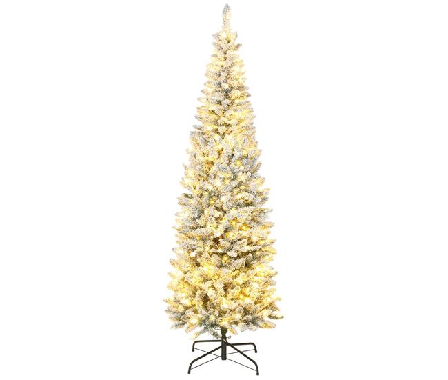 Homcom árvore de natal estreita 210 cm árvore de natal nevada com luzes led bicolores 11 modos de iluminação 687 ramos suporte metálico montagem fácil