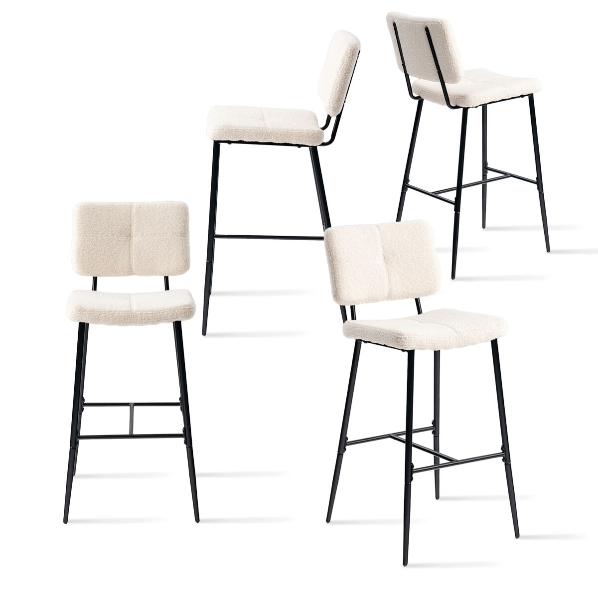 Conjunto de 4 bancos altos de bar estofados em tecido bouclé com pés metálicos pretos com pintura a pó e estrutura kd, design moderno e sofisticado ideal para bancada de cozinha ou sala de jantar, assento ergonômico de 75 cm de altura