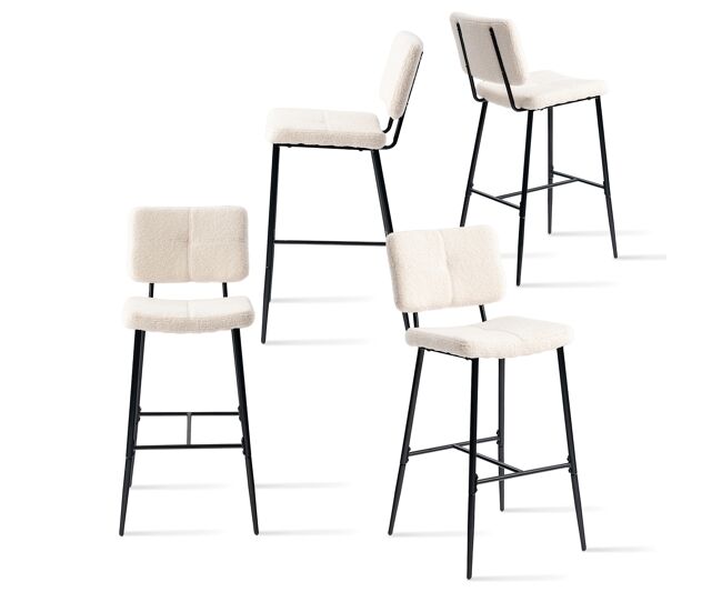 Conjunto de 4 bancos altos de bar estofados em tecido bouclé com pés metálicos pretos com pintura a pó e estrutura kd, design moderno e sofisticado ideal para bancada de cozinha ou sala de jantar, assento ergonômico de 75 cm de altura