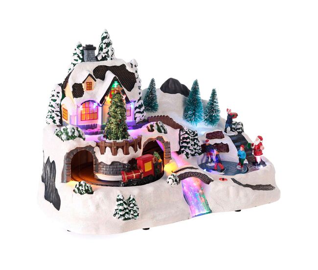 Vila de natal well home para decoração com cena móvel e luzes led 25,7x22,5x37cm