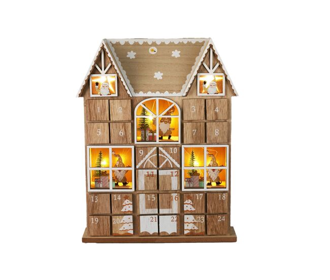 Calendário do advento de madeira compensada de led well home com caixa e conjunto de luzes