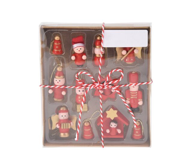 Conjunto de 12 peças de decoração de natal pendurada em madeira vermelha well home
