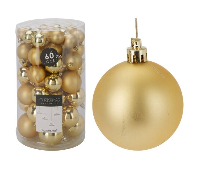 Well home conjunto de 60 bolas de natal na cor dourada em vários tamanhos e acabamentos
