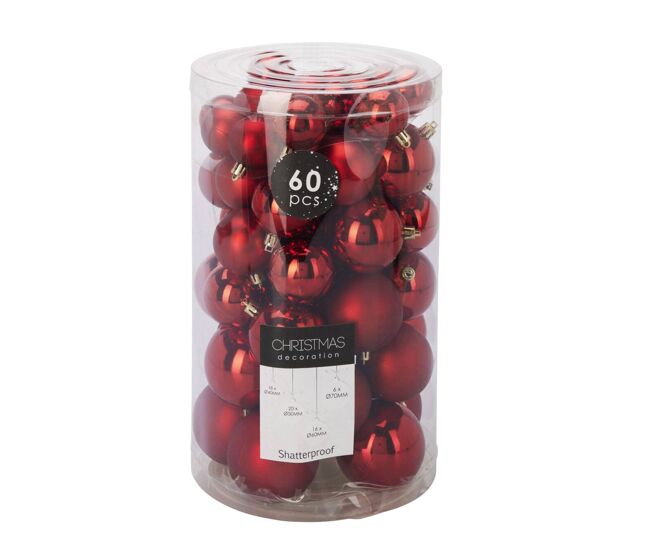 Well home conjunto de 60 bolas de natal vermelhas em vários tamanhos e acabamentos