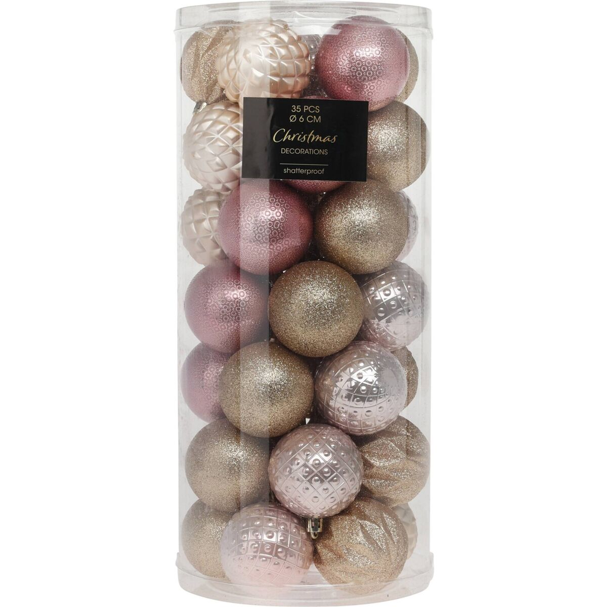 Well home conjunto de 35 bolas de natal de 6 cm com 5 designs diferentes em relevo na cor champanhe