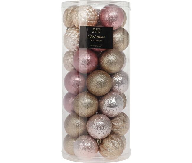 Well home conjunto de 35 bolas de natal de 6 cm com 5 designs diferentes em relevo na cor champanhe