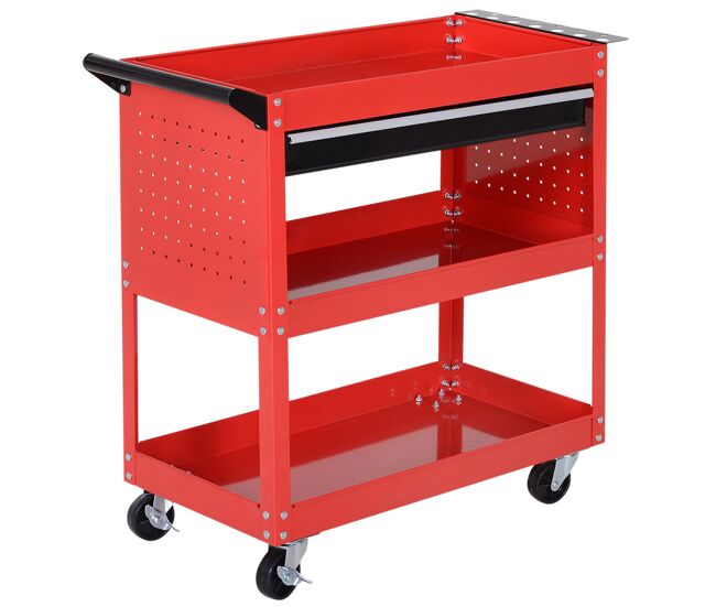 Durhand carrinho de ferramentas carrinho de oficina com 3 bandejas e gaveta rodas com travões pega lateral painel lateral perfurado para garagem