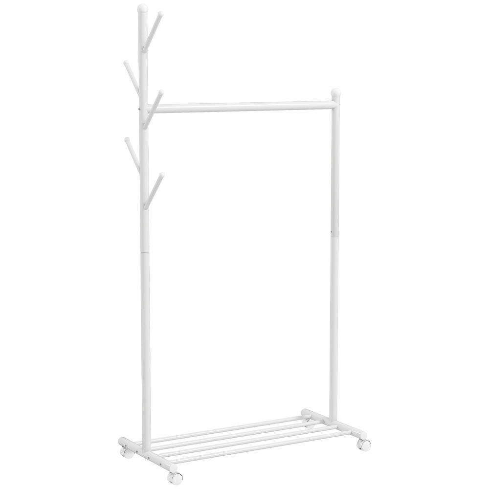 Homcom charriot com rodas charriot com 5 ganchos barra para pendurar e prateleira inferior charriot para dormitório lavandaria 86x43x171 cm branco